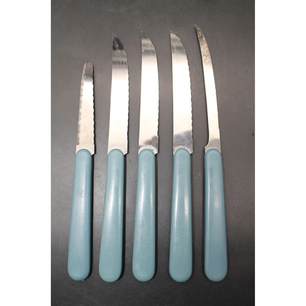 Vintage Libbey Chef's Collection 5 Pc Kitchen Knife Set Goose Blue Handles